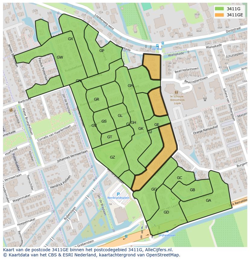 Afbeelding van het postcodegebied 3411 GE op de kaart.