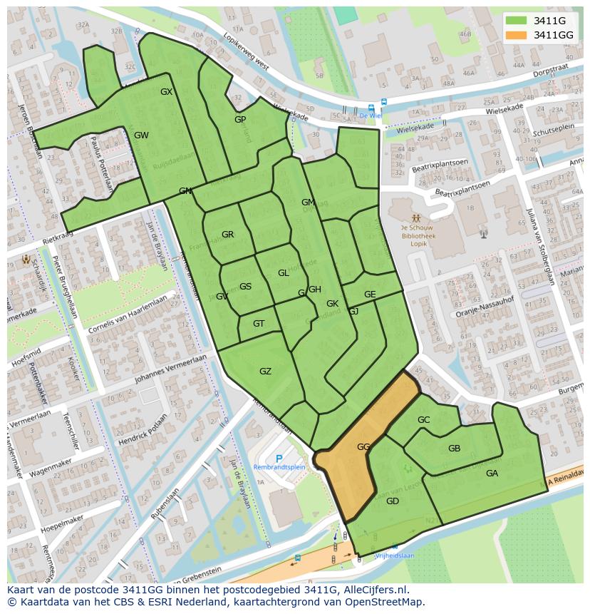 Afbeelding van het postcodegebied 3411 GG op de kaart.
