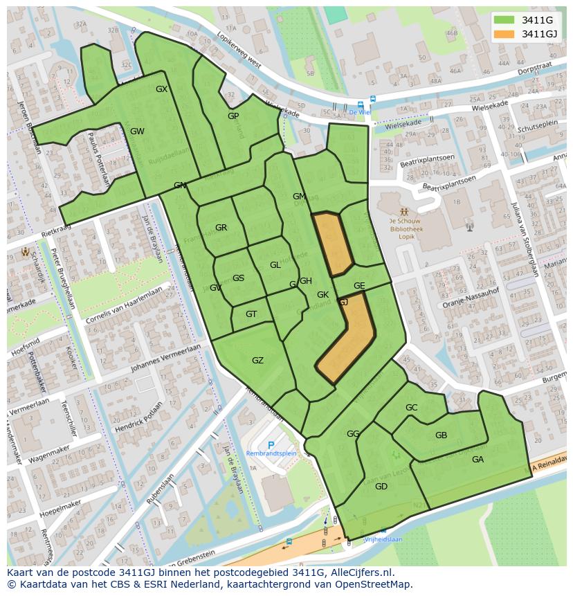 Afbeelding van het postcodegebied 3411 GJ op de kaart.