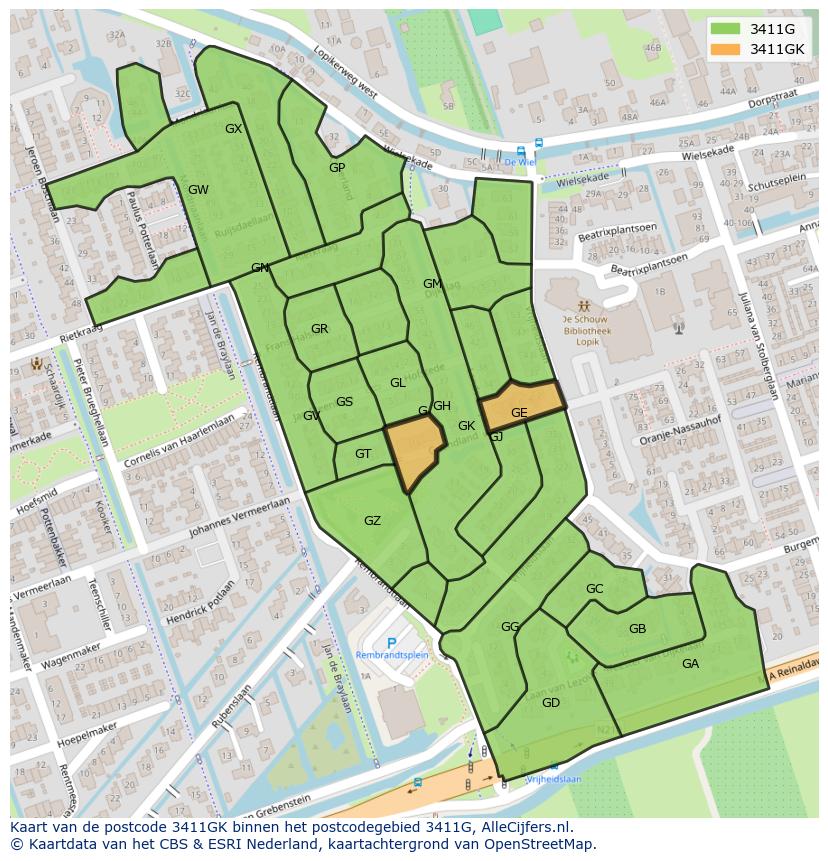 Afbeelding van het postcodegebied 3411 GK op de kaart.