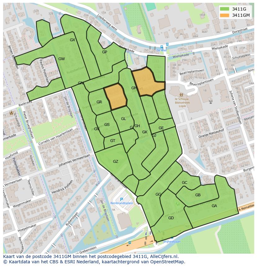 Afbeelding van het postcodegebied 3411 GM op de kaart.