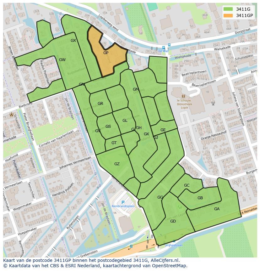 Afbeelding van het postcodegebied 3411 GP op de kaart.