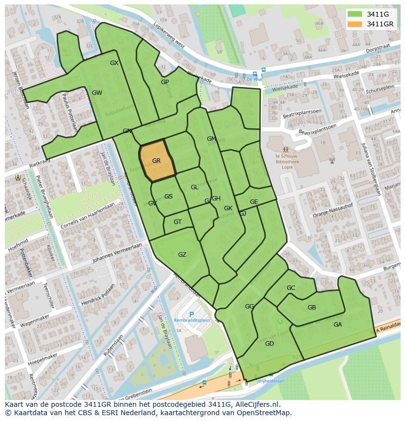 Afbeelding van het postcodegebied 3411 GR op de kaart.