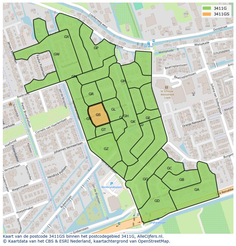 Afbeelding van het postcodegebied 3411 GS op de kaart.