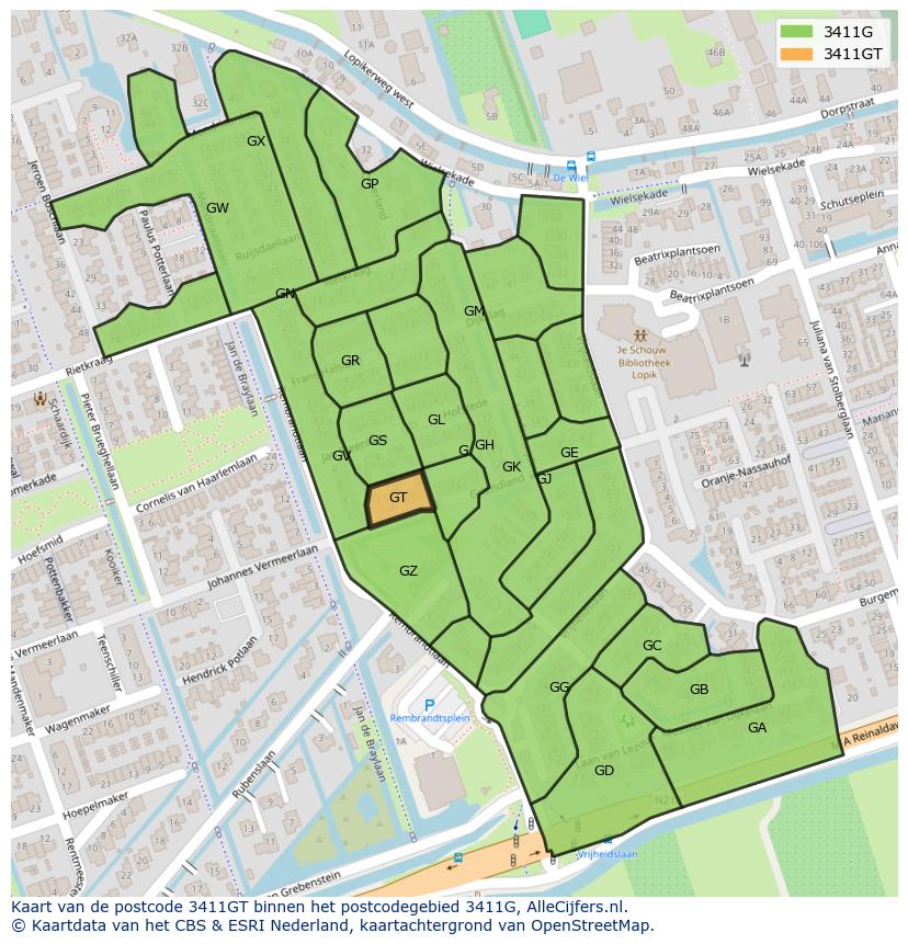 Afbeelding van het postcodegebied 3411 GT op de kaart.