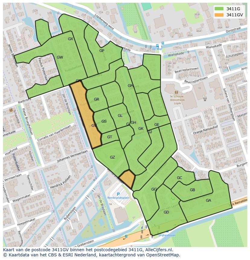Afbeelding van het postcodegebied 3411 GV op de kaart.