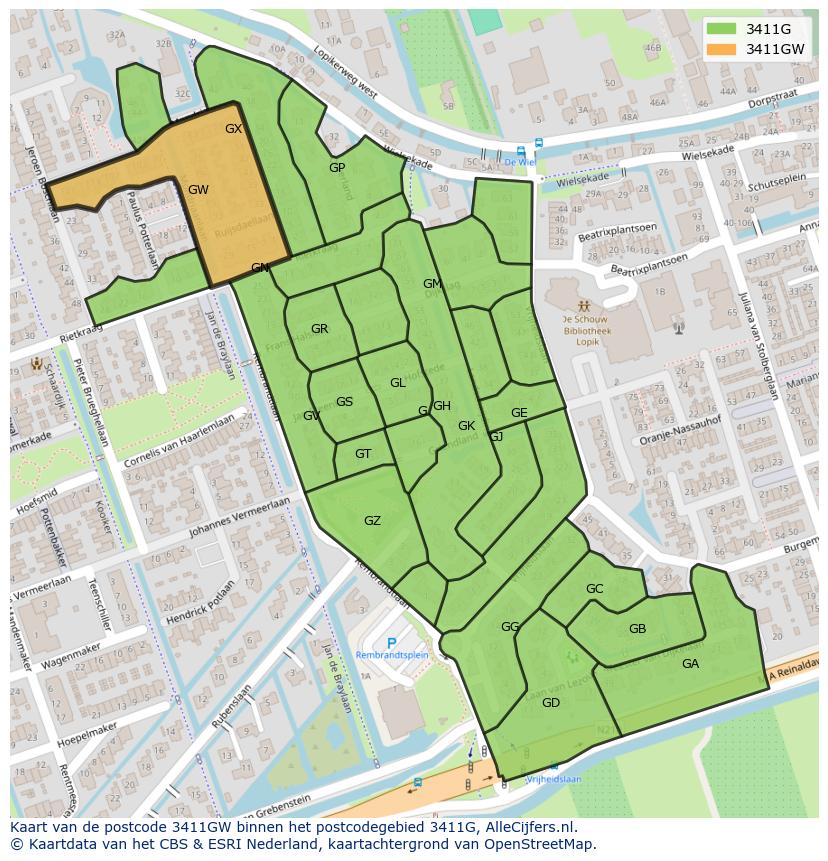 Afbeelding van het postcodegebied 3411 GW op de kaart.