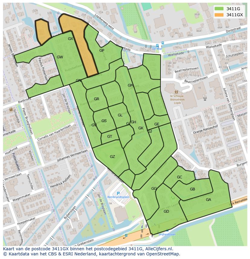 Afbeelding van het postcodegebied 3411 GX op de kaart.