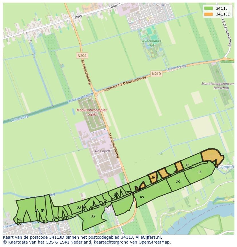 Afbeelding van het postcodegebied 3411 JD op de kaart.