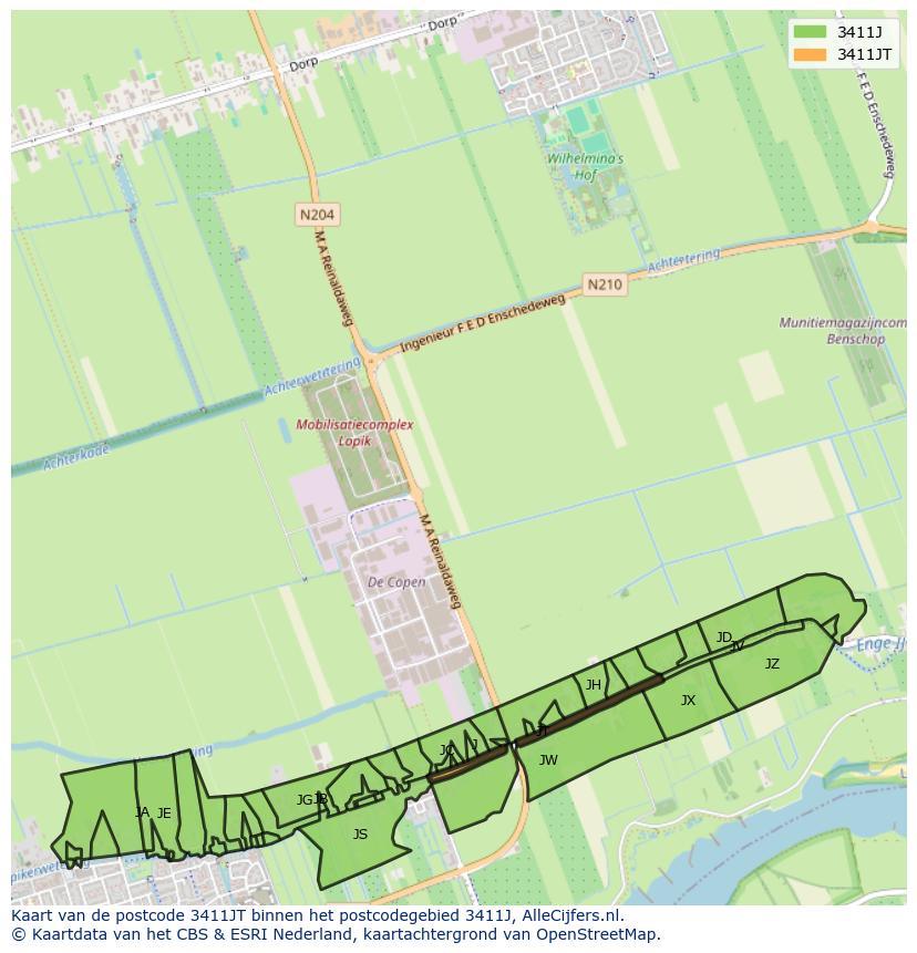 Afbeelding van het postcodegebied 3411 JT op de kaart.