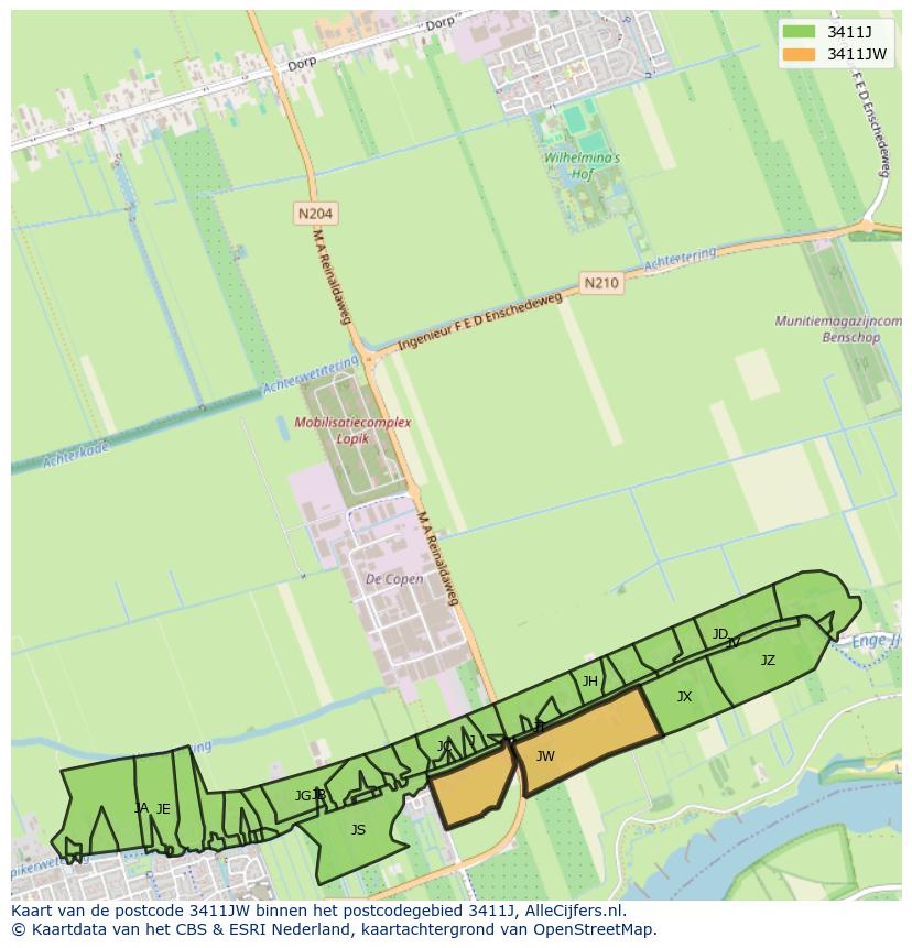 Afbeelding van het postcodegebied 3411 JW op de kaart.