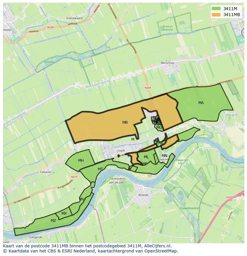 Afbeelding van het postcodegebied 3411 MB op de kaart.