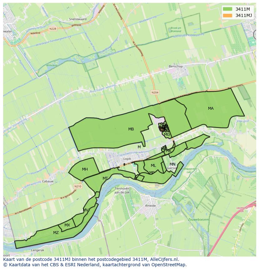 Afbeelding van het postcodegebied 3411 MJ op de kaart.