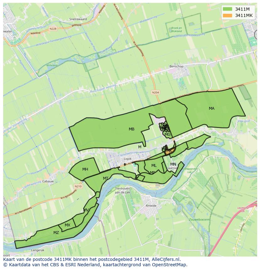 Afbeelding van het postcodegebied 3411 MK op de kaart.
