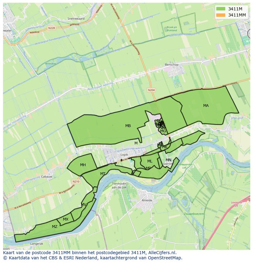 Afbeelding van het postcodegebied 3411 MM op de kaart.