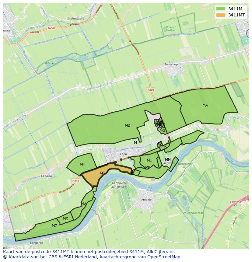 Afbeelding van het postcodegebied 3411 MT op de kaart.