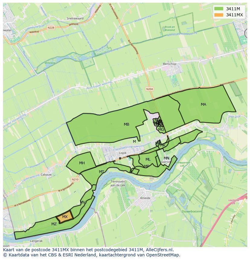 Afbeelding van het postcodegebied 3411 MX op de kaart.