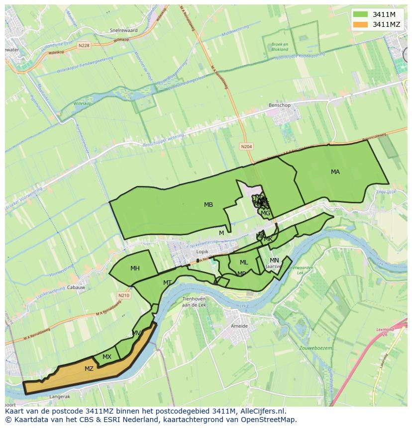 Afbeelding van het postcodegebied 3411 MZ op de kaart.