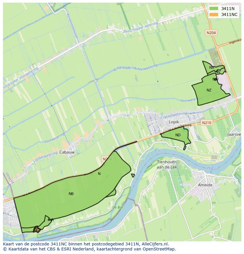 Afbeelding van het postcodegebied 3411 NC op de kaart.