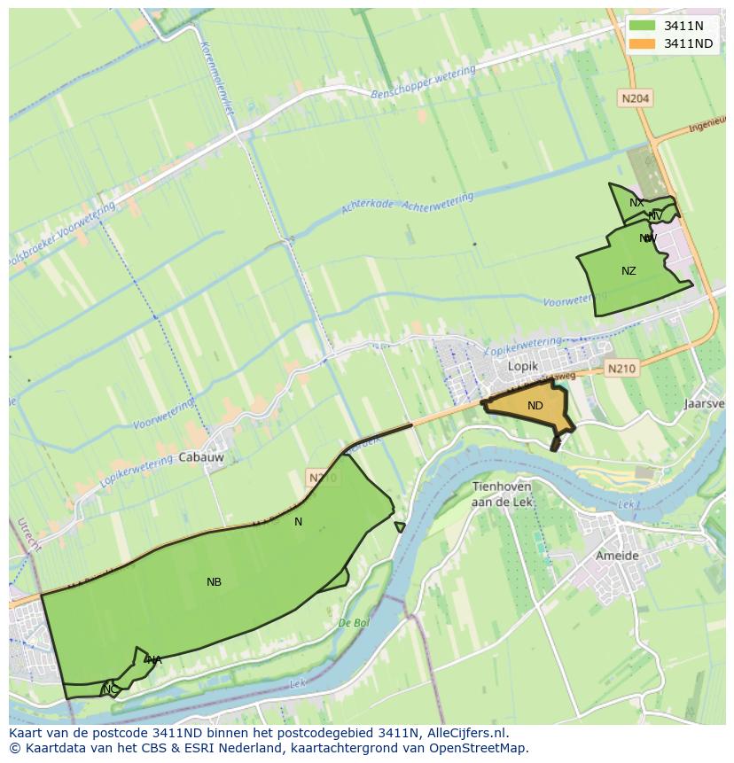 Afbeelding van het postcodegebied 3411 ND op de kaart.