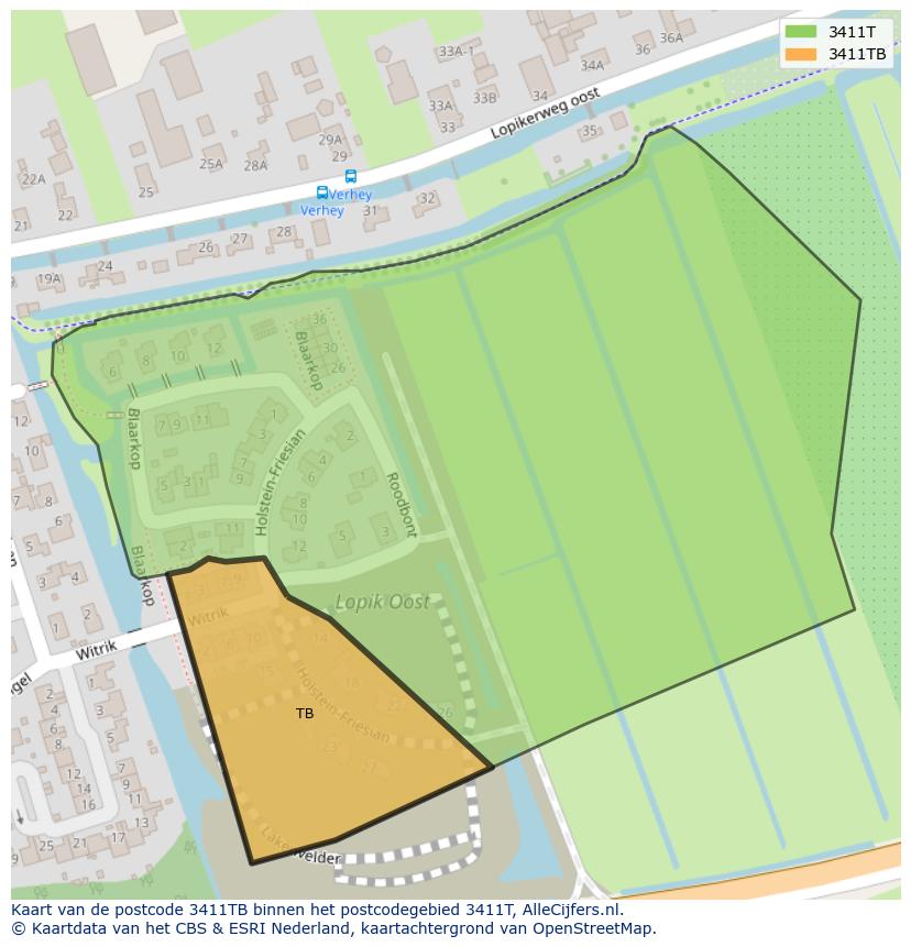Afbeelding van het postcodegebied 3411 TB op de kaart.