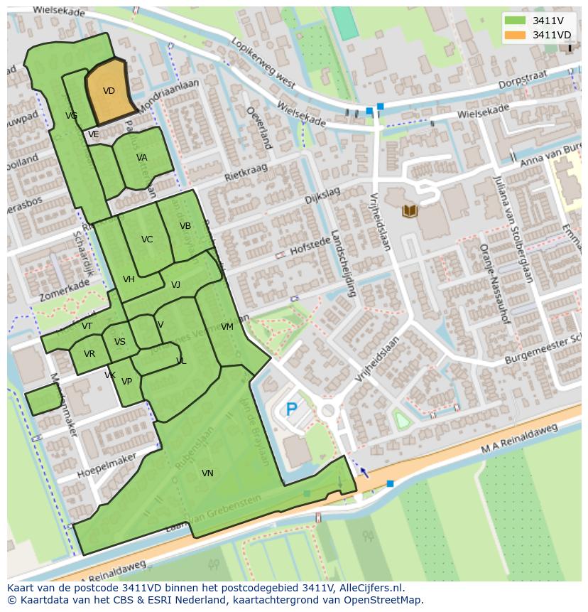 Afbeelding van het postcodegebied 3411 VD op de kaart.