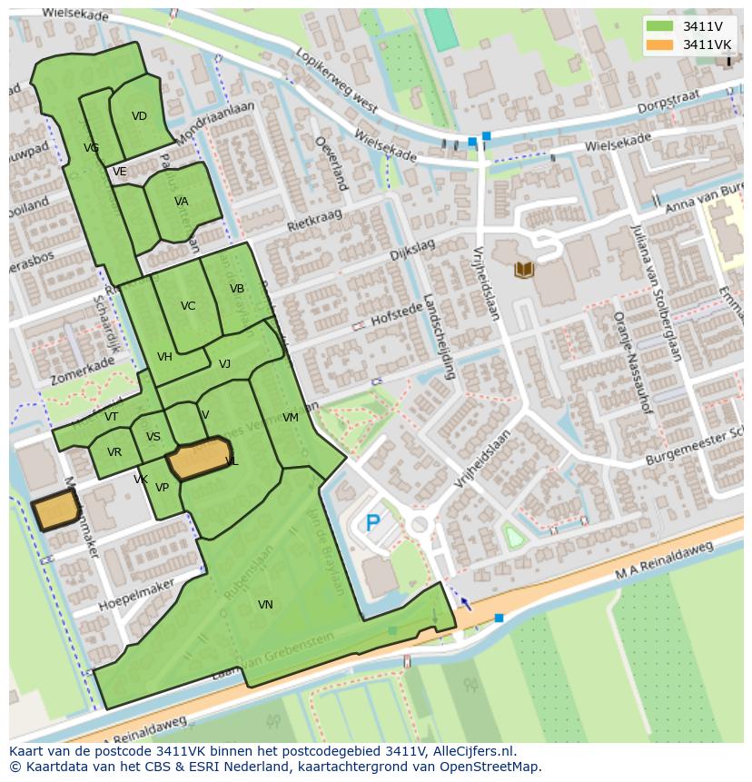 Afbeelding van het postcodegebied 3411 VK op de kaart.