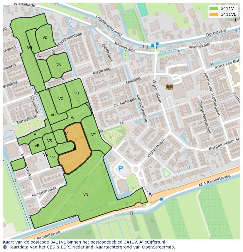 Afbeelding van het postcodegebied 3411 VL op de kaart.