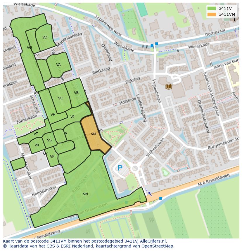 Afbeelding van het postcodegebied 3411 VM op de kaart.