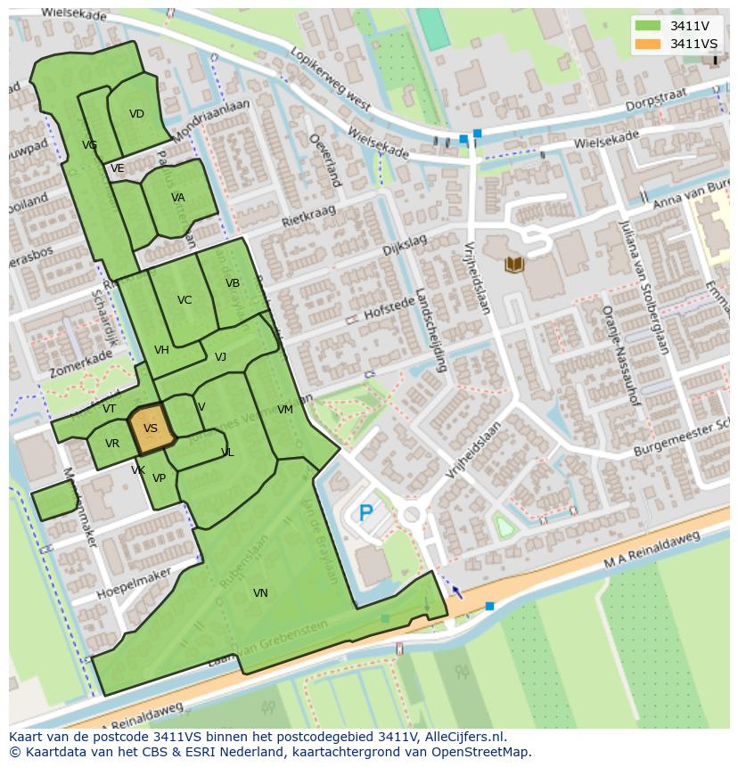 Afbeelding van het postcodegebied 3411 VS op de kaart.