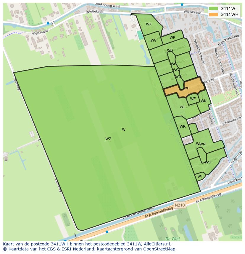 Afbeelding van het postcodegebied 3411 WH op de kaart.