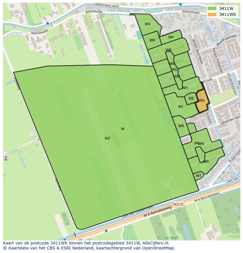 Afbeelding van het postcodegebied 3411 WK op de kaart.