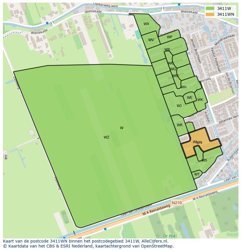 Afbeelding van het postcodegebied 3411 WN op de kaart.