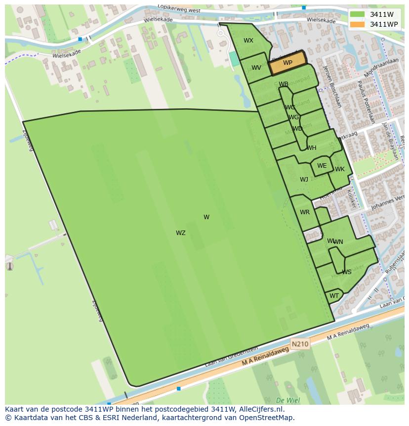 Afbeelding van het postcodegebied 3411 WP op de kaart.