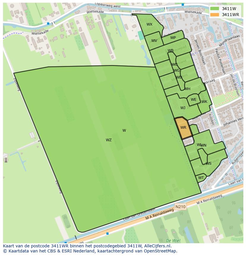 Afbeelding van het postcodegebied 3411 WR op de kaart.