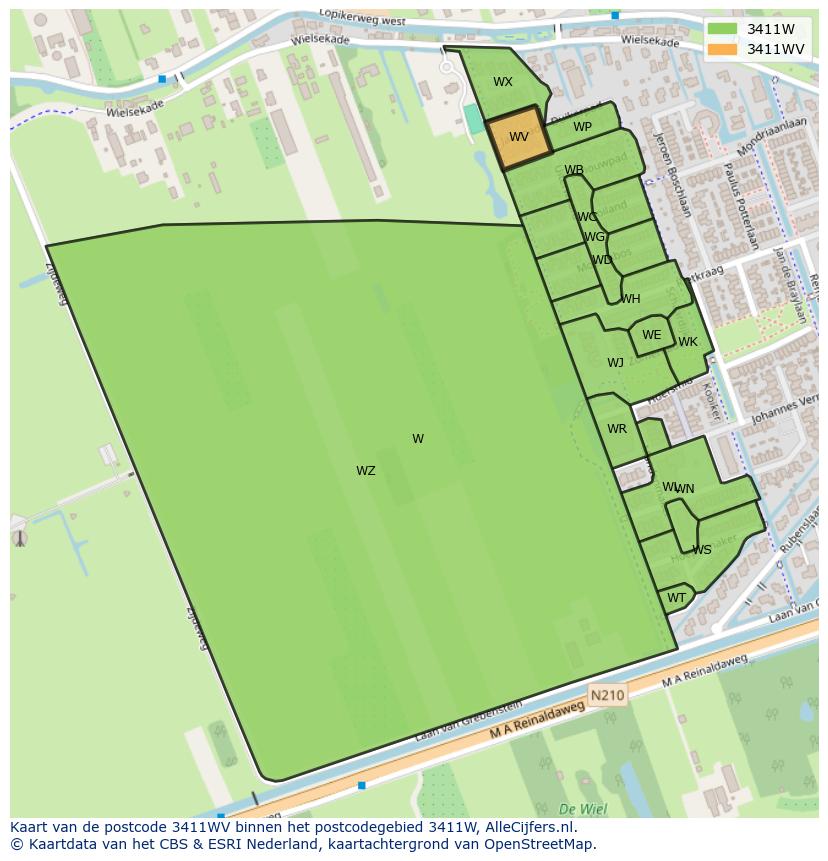Afbeelding van het postcodegebied 3411 WV op de kaart.