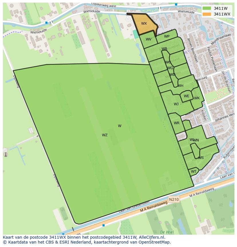 Afbeelding van het postcodegebied 3411 WX op de kaart.
