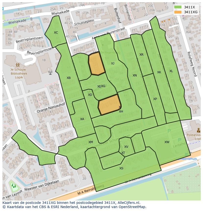 Afbeelding van het postcodegebied 3411 XG op de kaart.