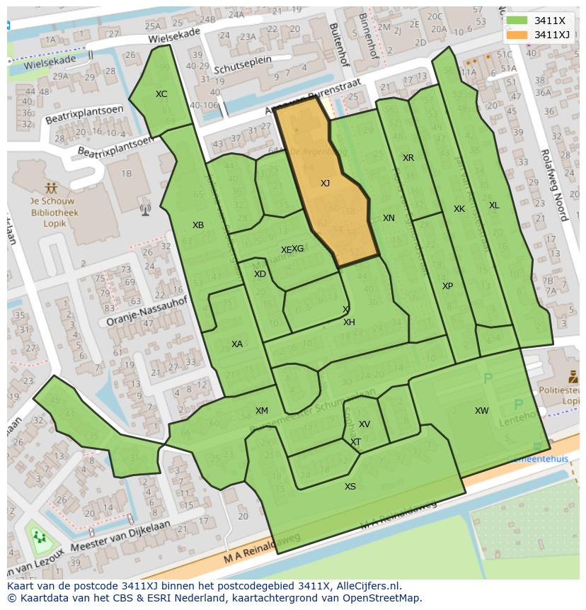 Afbeelding van het postcodegebied 3411 XJ op de kaart.
