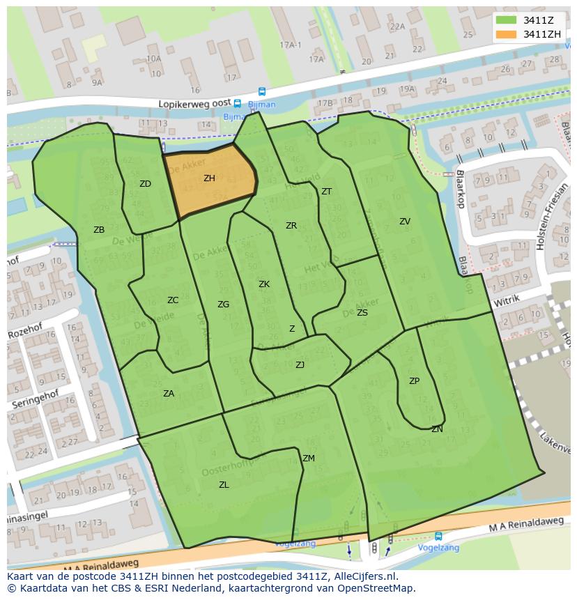 Afbeelding van het postcodegebied 3411 ZH op de kaart.