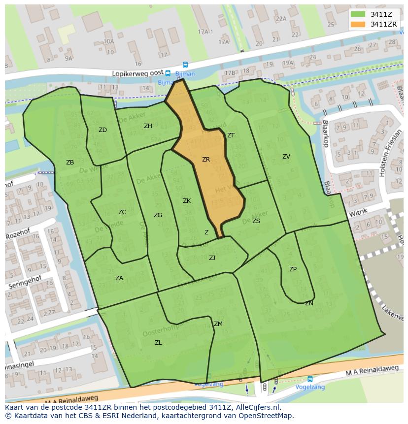 Afbeelding van het postcodegebied 3411 ZR op de kaart.
