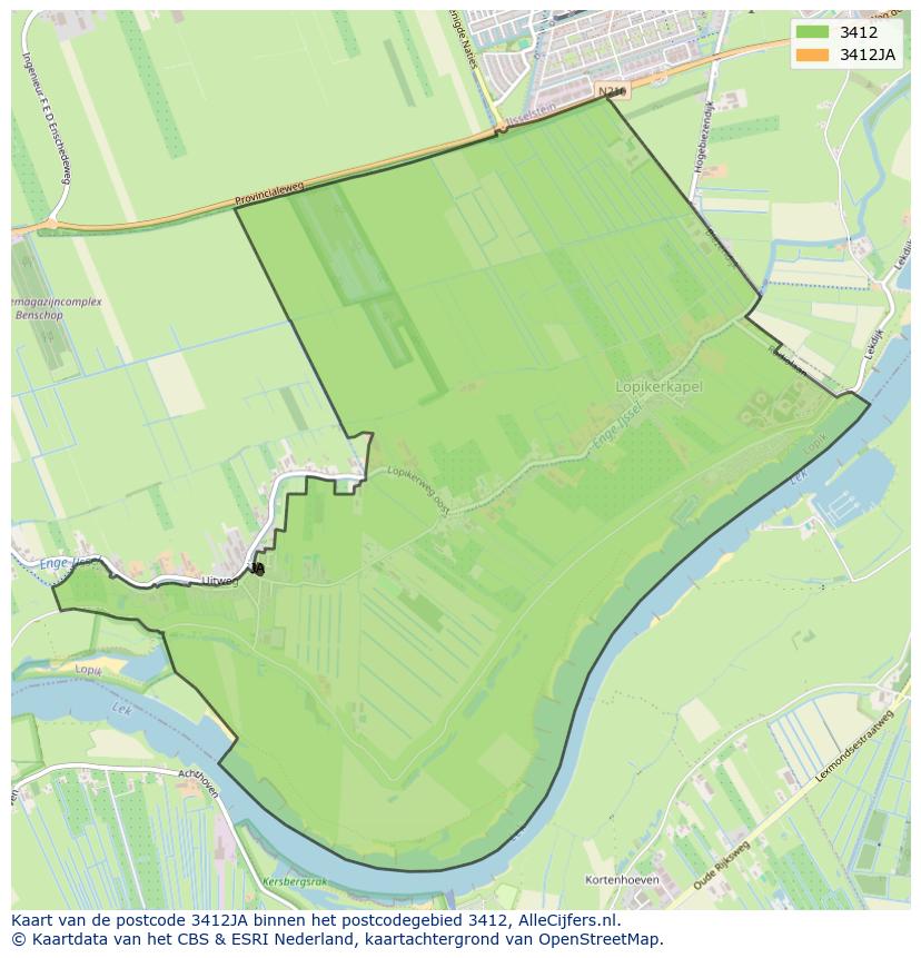 Afbeelding van het postcodegebied 3412 JA op de kaart.