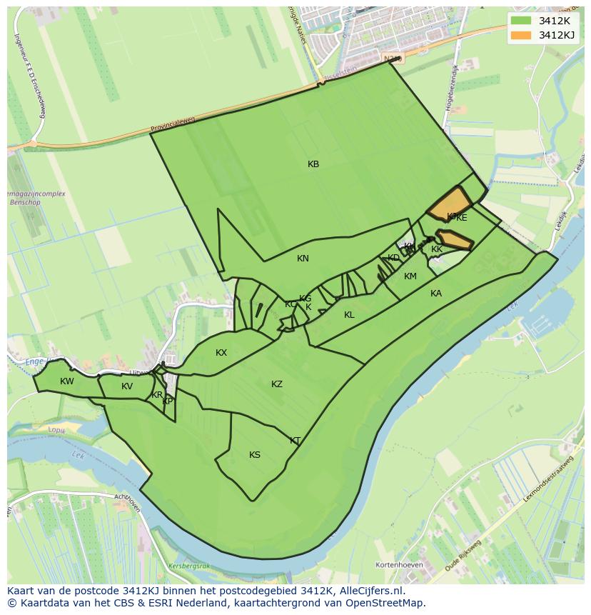 Afbeelding van het postcodegebied 3412 KJ op de kaart.