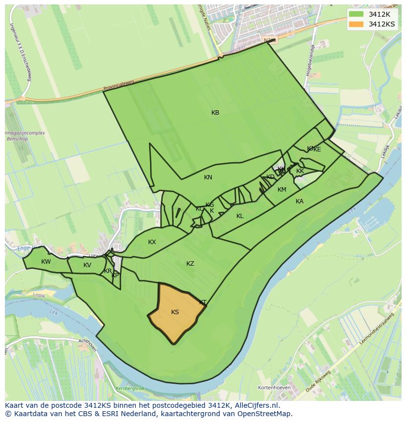 Afbeelding van het postcodegebied 3412 KS op de kaart.
