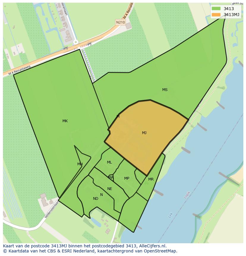 Afbeelding van het postcodegebied 3413 MJ op de kaart.