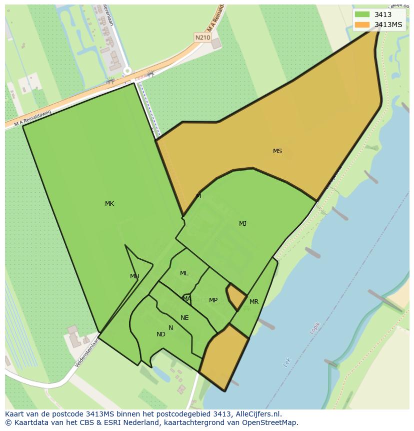 Afbeelding van het postcodegebied 3413 MS op de kaart.