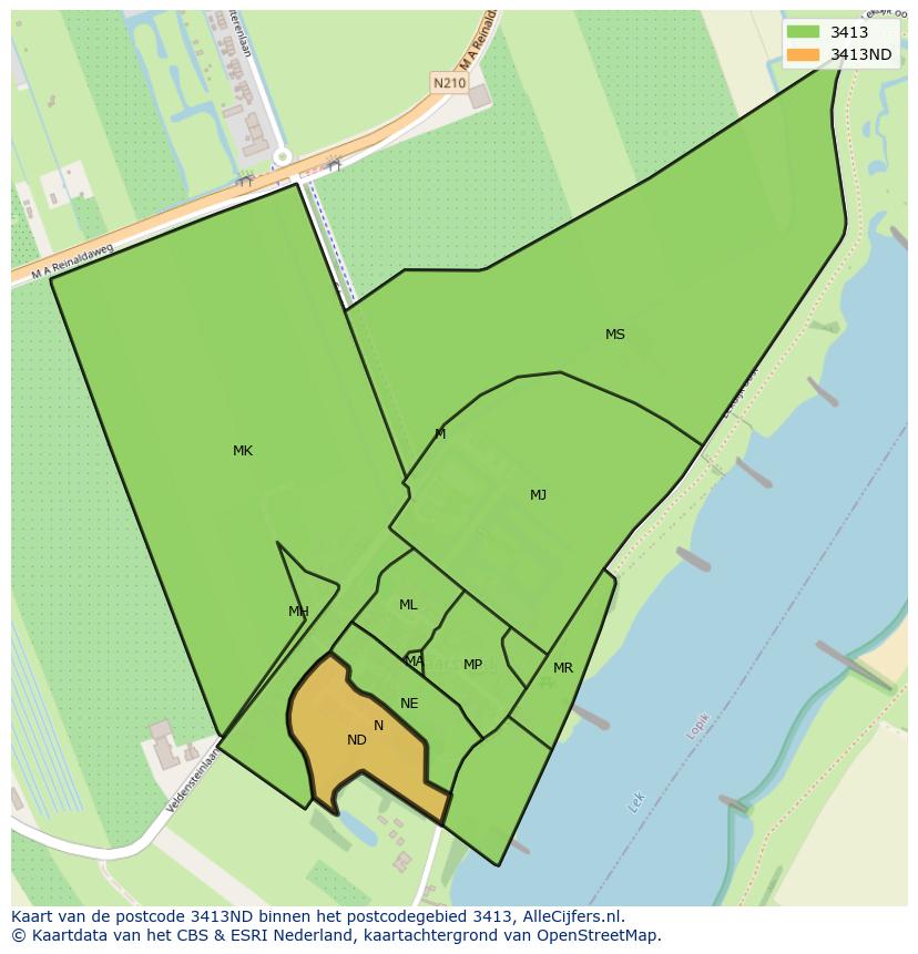 Afbeelding van het postcodegebied 3413 ND op de kaart.