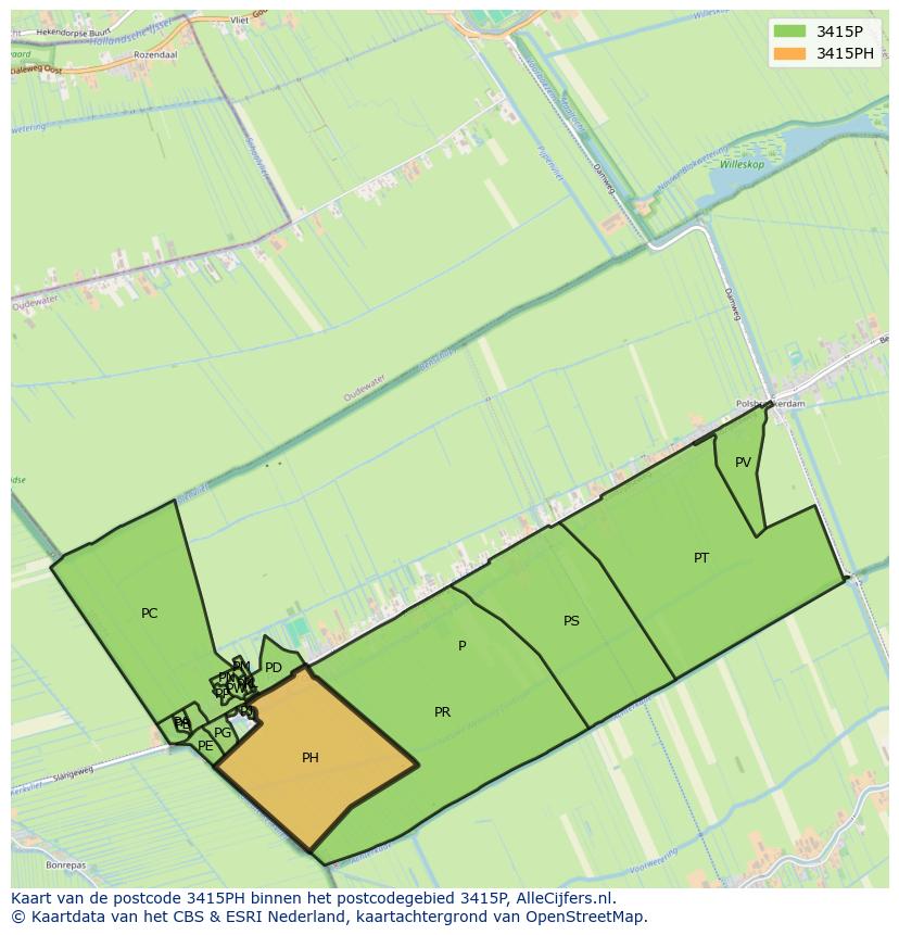 Afbeelding van het postcodegebied 3415 PH op de kaart.