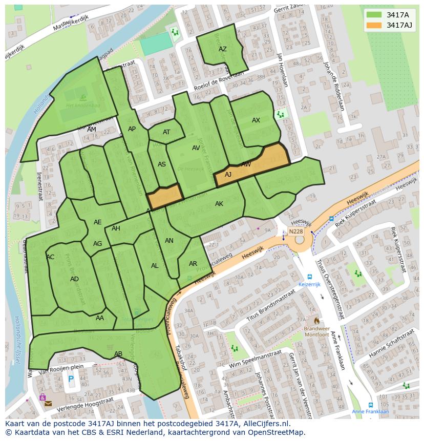 Afbeelding van het postcodegebied 3417 AJ op de kaart.