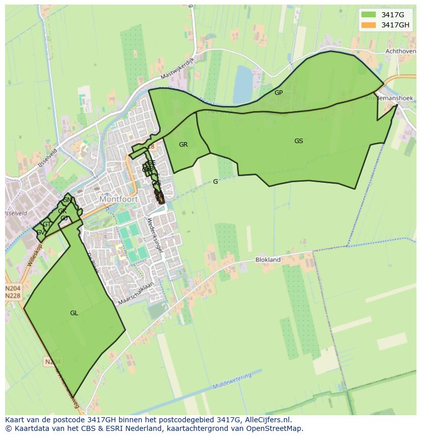 Afbeelding van het postcodegebied 3417 GH op de kaart.